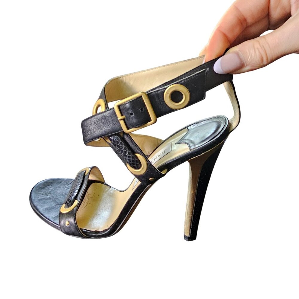Jimmy Choo Black Leather & Gold Snake-Print Heeled Sandals With Buckle Closure S
